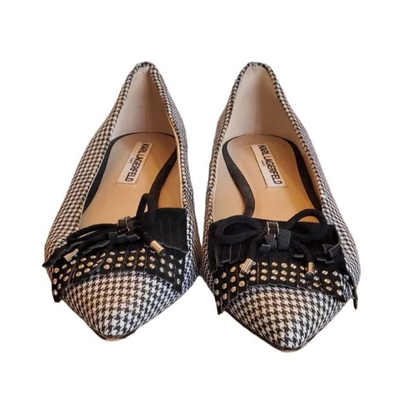 Karl Lagerfeld Womens Houndstooth Flats With Bow & Studs - Picture 1 of 5